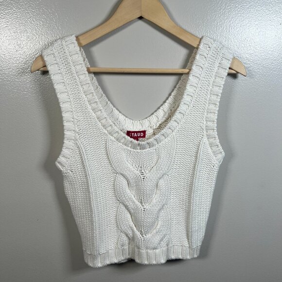 Staud Kind Cable Knit Sweater Vest Size Medium Chunky Cropped White Preppy - Picture 1 of 8
